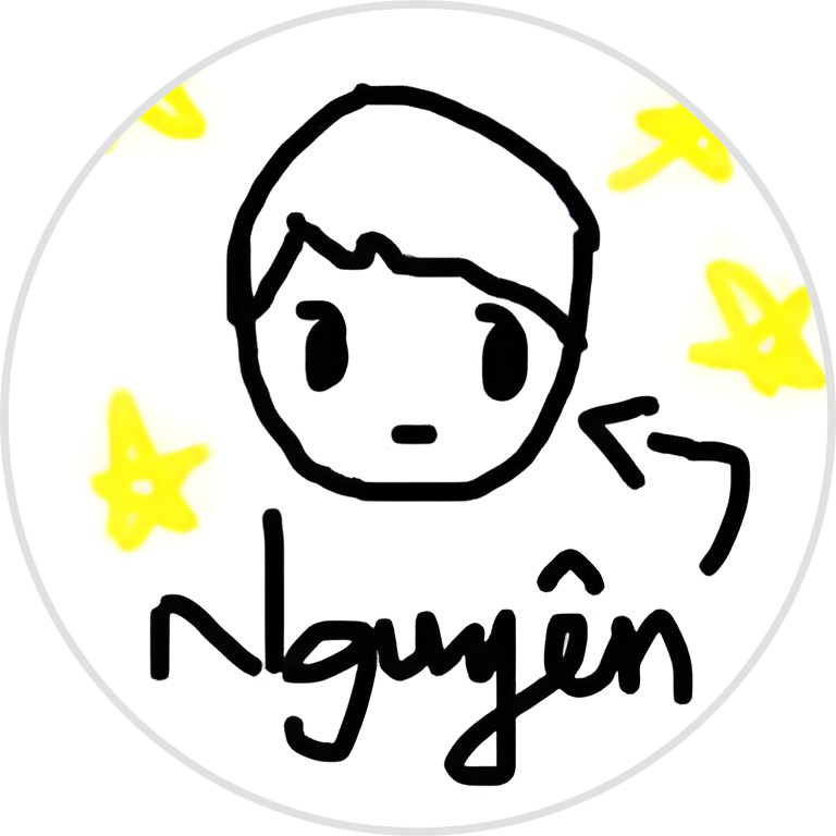 Das mit kreisförmigen Rand Bild zeigt eine skizzierte Darstellung von Anh Nguyen Nguyen. Um den skizzierten Kopf herum sind gelbe Sterne zu sehen. Unten sieht man das Wort „Nguyên”.